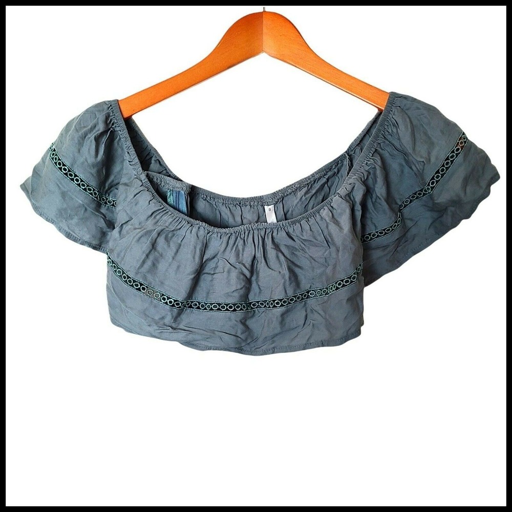 Indikah Crop Top Sage Green Eyelet Off The Shoulder size 8 NWT